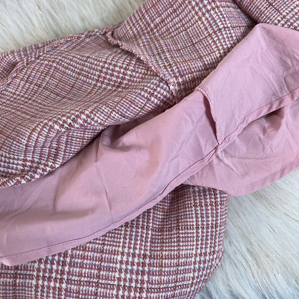 Hoi Sing Hansion Tweed A Line Dress Pink Plaid Lace Up Midi Spaghetti Strap S - Picture 6 of 8